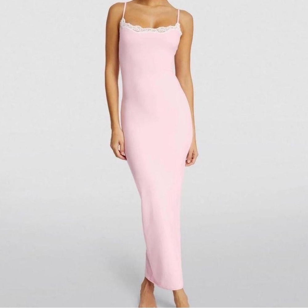 SKIMS Pink Lace Slip Dress
